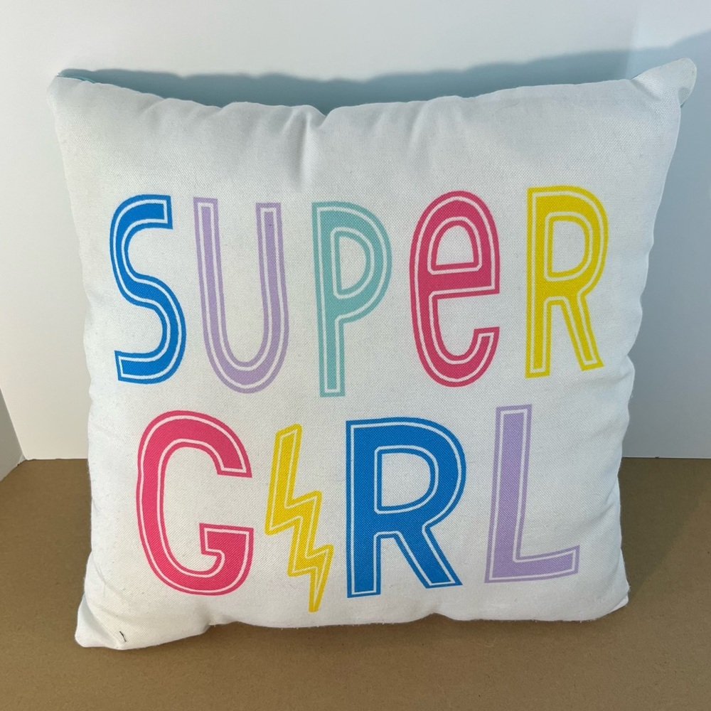 White and Turqoise Small Pillow ""Super Girl"" The I in Girl is a Lightning Bolt